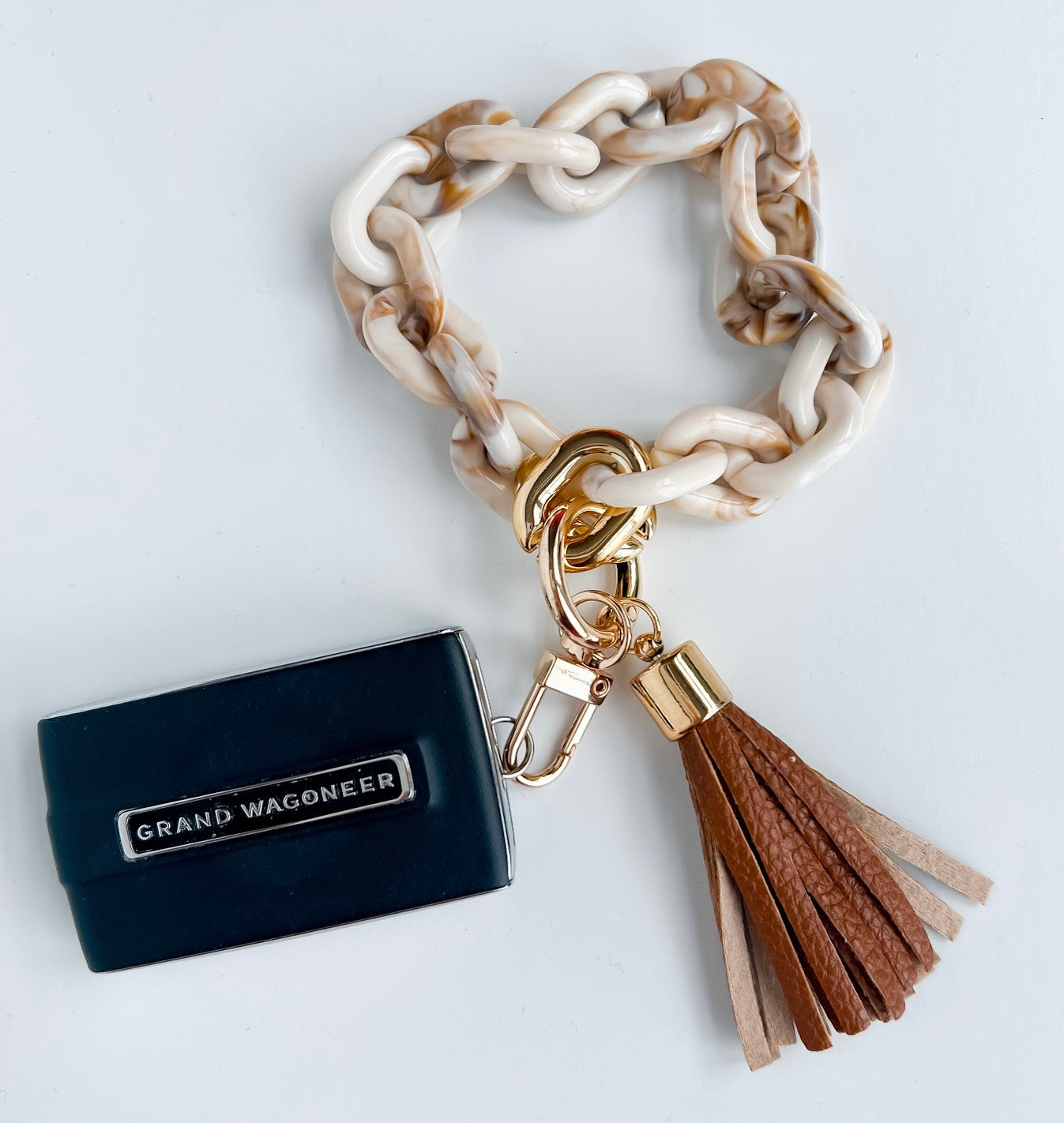 Chain Link Tassel Wristlet Key Chain, Neutral Marble