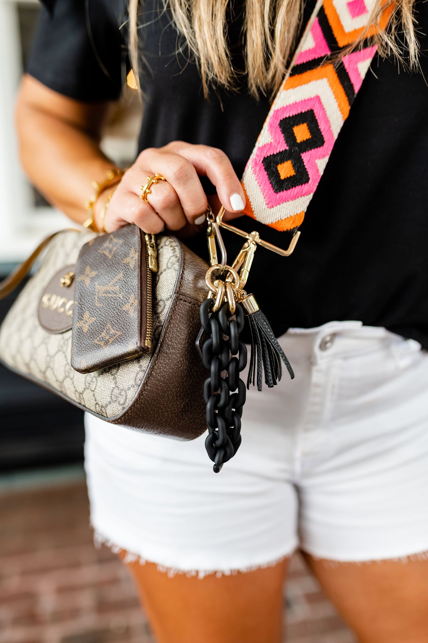 Chain Link Tassel Wristlet Key Chain, Neutral Marble