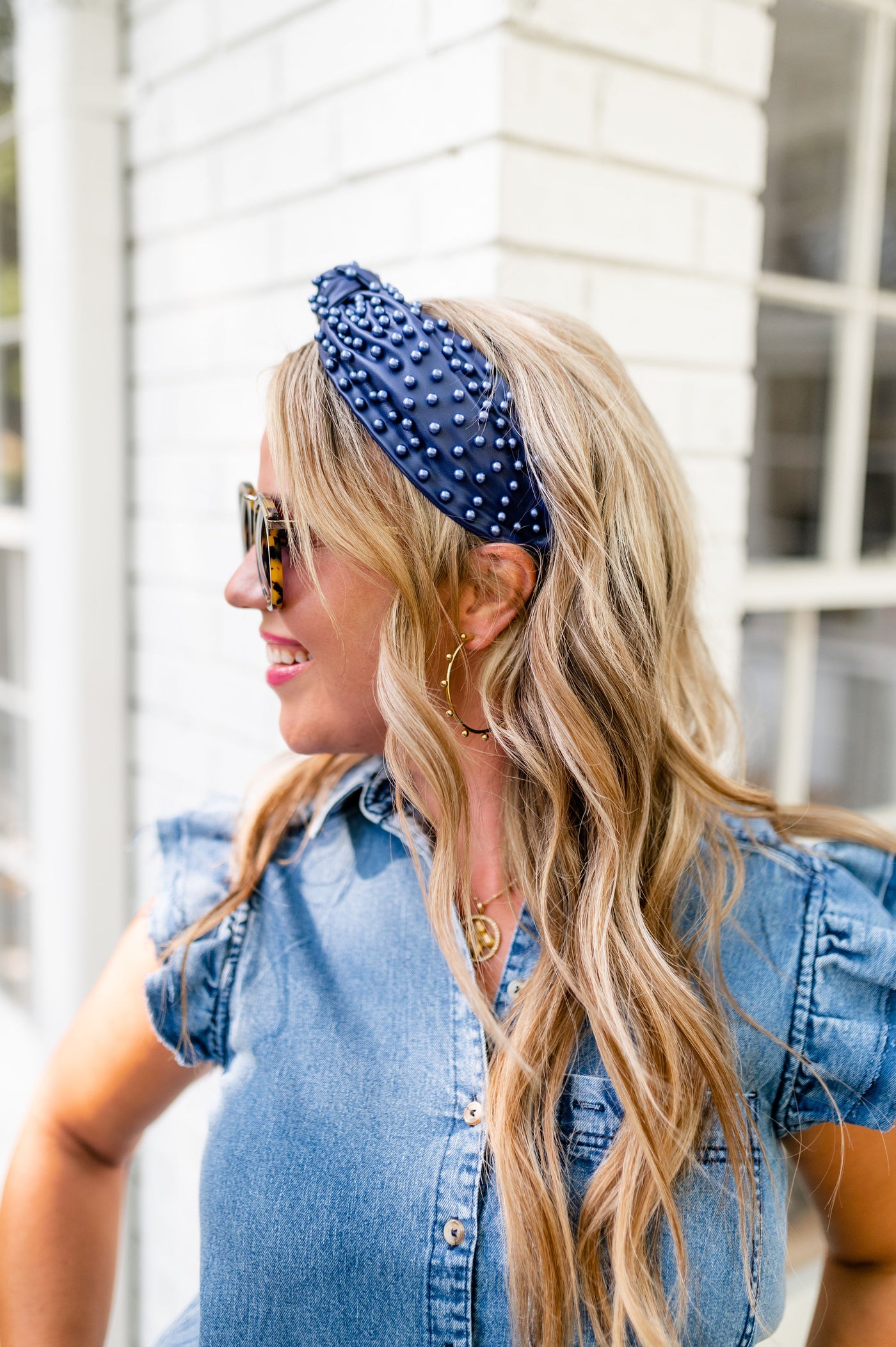 Lauren Studded Headband, Navy